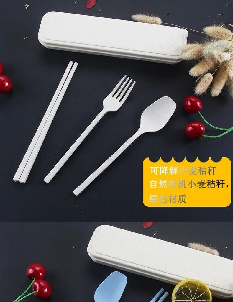 3pcs/set Travel Cutlery Portable Cutlery Box Japan Style Wheat Straw Knife Fork Spoon Student Dinnerware Sets Kitchen Tableware