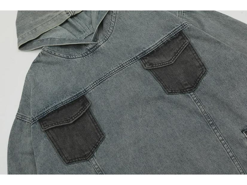 Unisex Retro Washed Denim Color Block Hoodie - Trendy, Loose Fit with Pockets