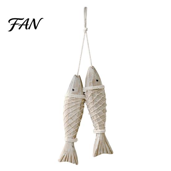 Coastal Wall Art Rustic Nautical Wooden Fish Decor, Beach Style Hanging Creative House Decor Ornament with Fishing Net for Lake House, Bedroom,