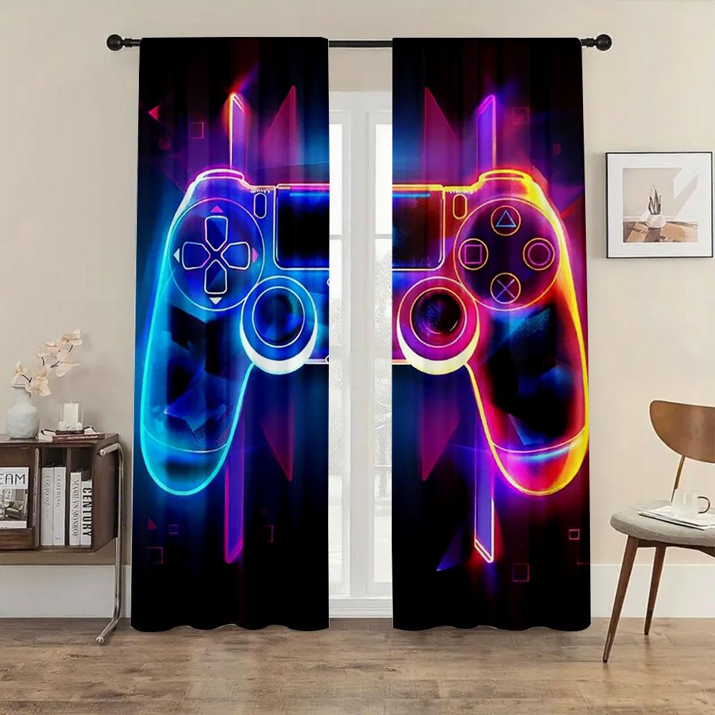 2PC Neon Glow Gaming Controller Curtains - Futuristic Colorful Print Window Drapes for Boys Bedroom Game Room Decor