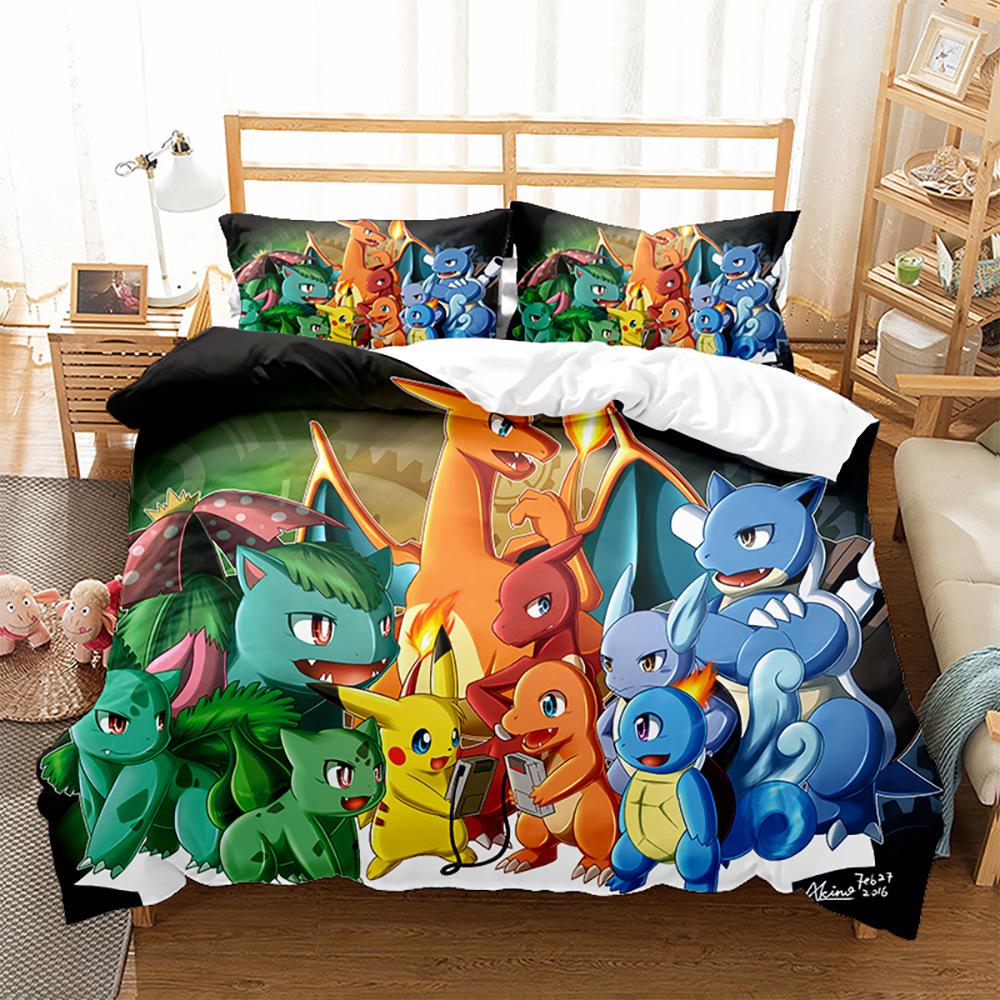 3D Digital Printing Quilt Cover Pillowcase Bedding Cartoon Pikachu Three-Piece Set Home Textile Four-Piece Set Grinding 90*190