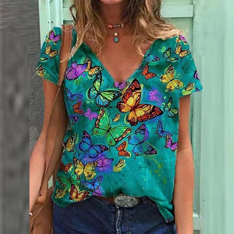 

Модные весенние блузки с принтом бабочек, футболки с коротким рукавом и V-образным вырезом, повседневные 8XL зелёный