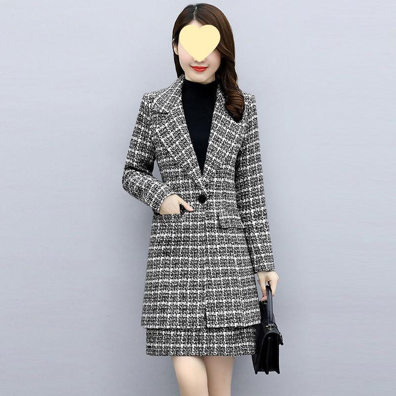 Koreanischer Stil Damen Wollmantel & Kleid Set: Herbst/Winter Karierter Zweiteiler Mode 2025