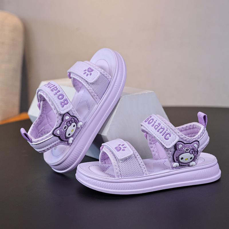 Children's open-toe beach shoes for spring and summer, cute bear-themed hook-and-loop sandals for girls.