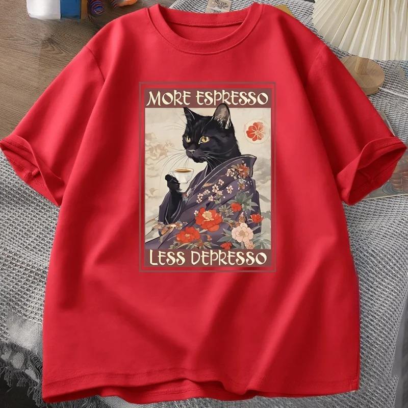 More Espresso Less Depresso Humorous T-Shirt Women Black Cat Coffee T Shirt Y2k Summer Women Short Sleeve Tee