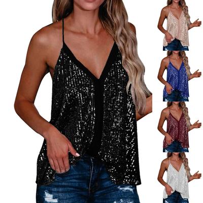 Damenmode V-Ausschnitt Party Pailletten Strap Lose Beiläufige Ärmellose Tunika Tank Tops