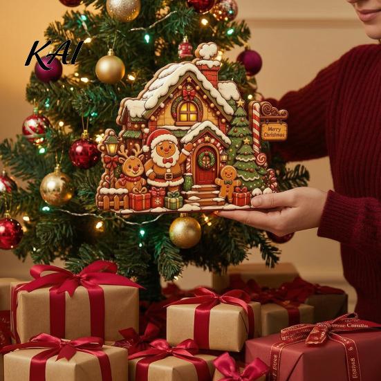 Rustic Winter Home Accents Christmas Wooden House Ornament, Santa Claus/Snowman/Elk Sleds/Winter Cabins Elk Sleigh Tabletop Decor Scene Figurines,