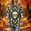 Women's Halloween Printed Casual Loose Fit Top with Round Neck and Three-Quarter Sleeves
