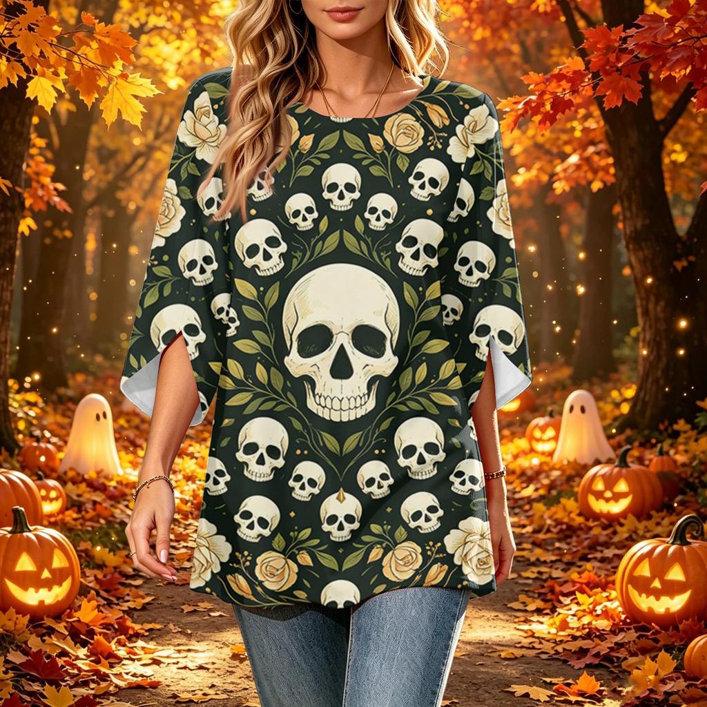 Women's Halloween Printed Casual Loose Fit Top with Round Neck and Three-Quarter Sleeves