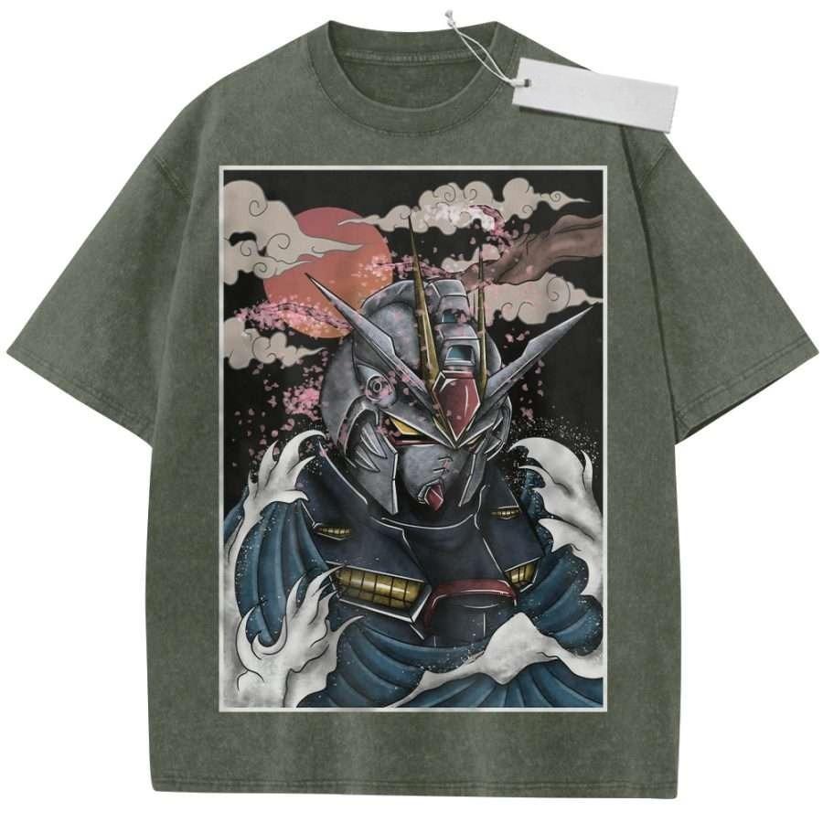Summer Mens Black Washed T  Shirt Mobile Suit Gundam Japanese Wave Style RX High  Quality Fabric for Casual