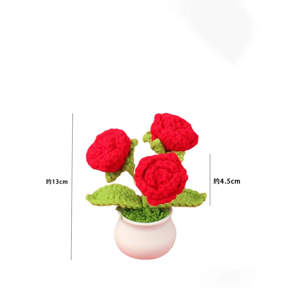 Knitted Rose Flower Potted Creative Crochet Flower Artificial Plant Graduation Gift Wedding Home Decor