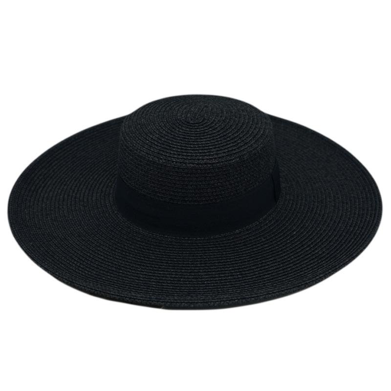 Black Big Brim Flat Top Top Hat Women'S Summer Shade Holiday Beach Sun Straw Hat French Vintage Foreign Trade Seaside