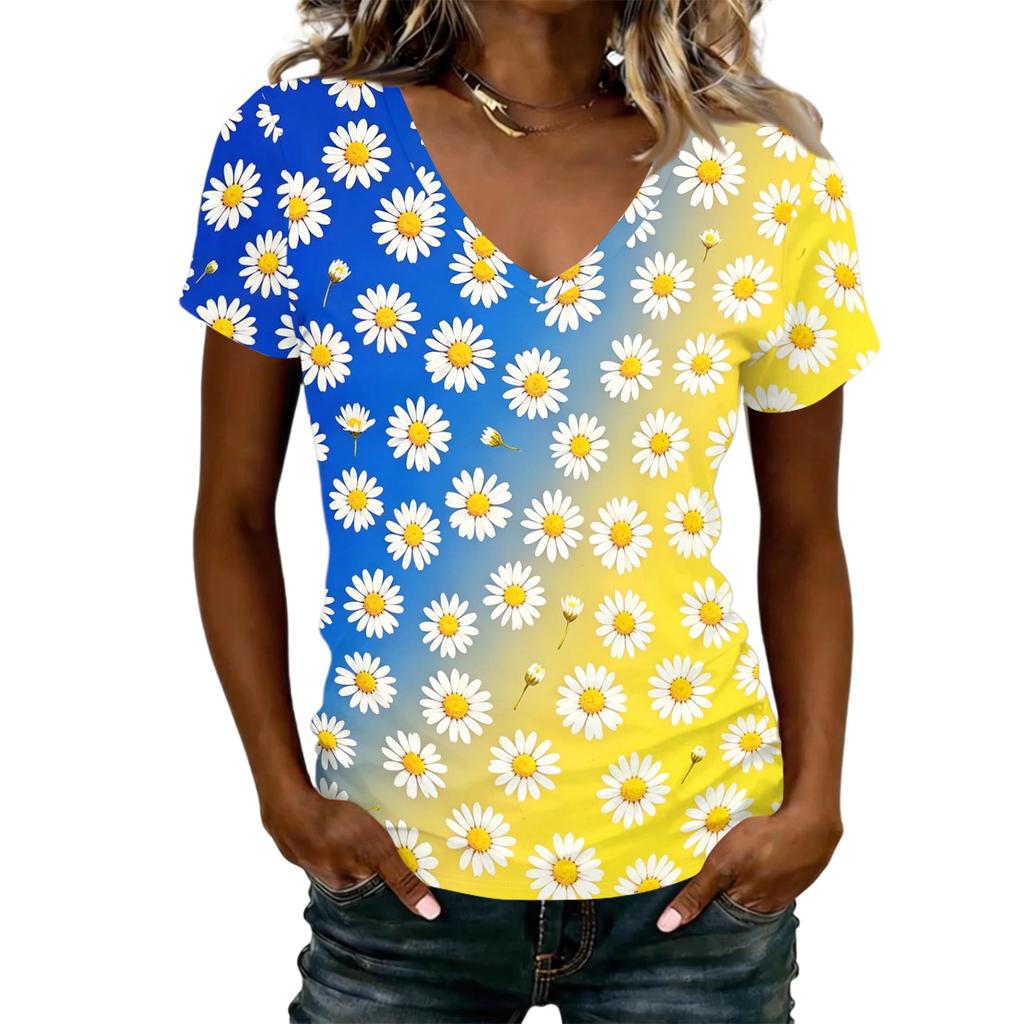 Women’s Casual V Neck Short Sleeve T Shirt Floral Print Relaxed Fit Lightweight Pullover Top for Everyday Wear