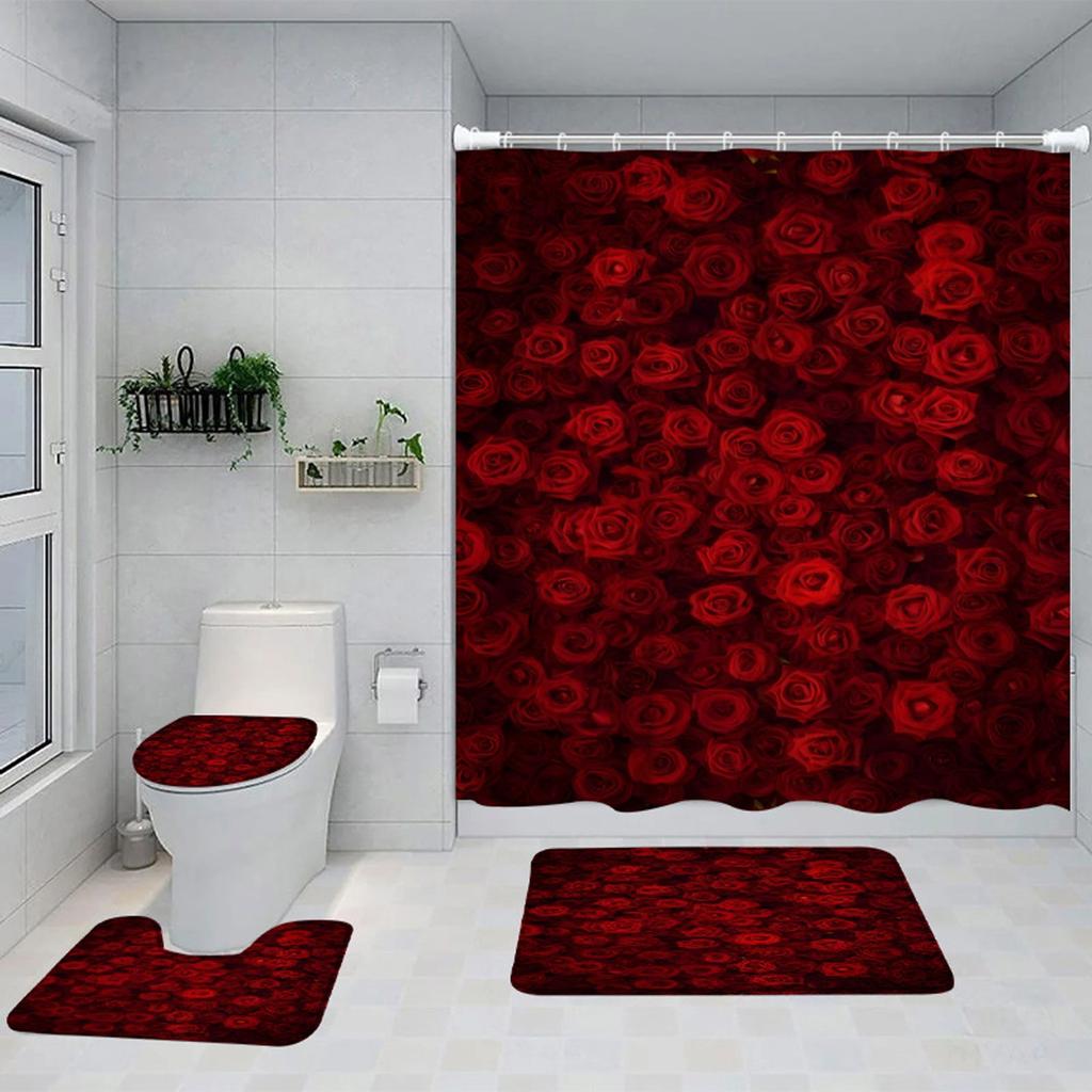 Valentine's Day Printed Shower Curtain Carpet Floor Mat Combination Bathroom Toilet Cushion Bathroom Curtain Four Piece Set