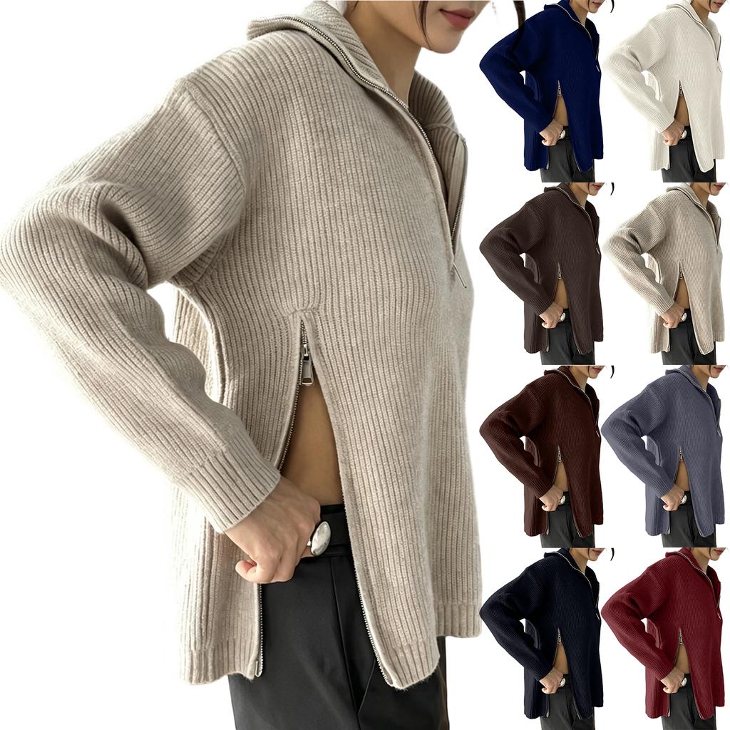 Damen Casual Farb-Rollkragenpullover mit seitlichem Reißverschluss