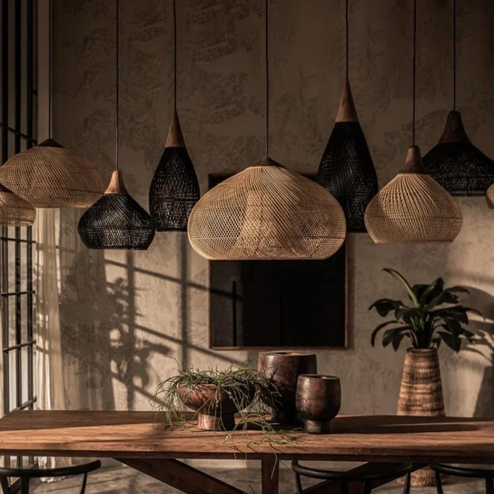 Bamboo Pendant Lamp Shades with Wire Rattan Vintage Black Chandeliers Bar Restaurant Combination Designer Villa Duplex Staircase