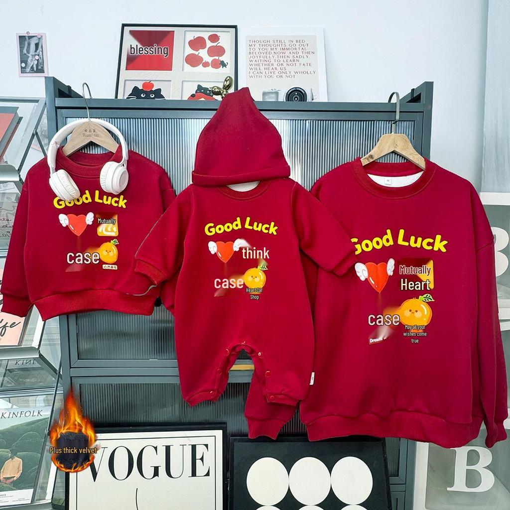 New Year Parent-Child Red Sweatshirt: Stylish Autumn/Winter Fashion for Mother-Daughter & Mother-Son
