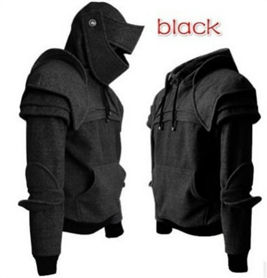 Men's Halloween Knight Hoodie with Mask, Elbow Pads, Drawstring, and Kangaroo Pocket - Solid Color Cosplay Costume
