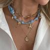SHIXIN Set 3pz Sciarpa Collo Choker in Tessuto Stampato Blu Boemo Collana con Ciondolo Stella Marina Conchiglia Trendy per Donna Gioielli per Vacanze