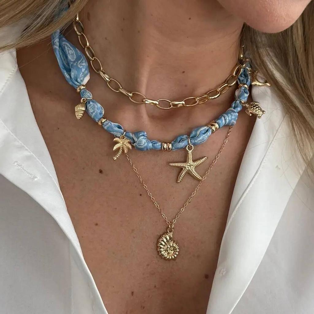 SHIXIN Set 3pz Sciarpa Collo Choker in Tessuto Stampato Blu Boemo Collana con Ciondolo Stella Marina Conchiglia Trendy per Donna Gioielli per Vacanze