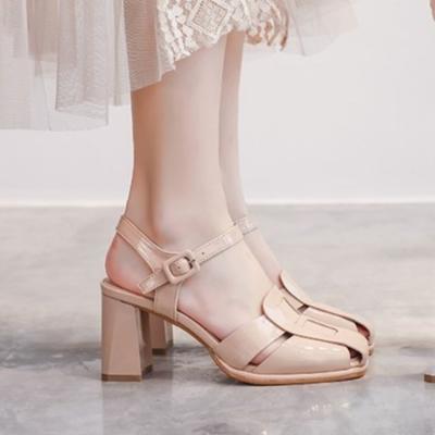 Damskie sandały casualowe z lakierowanej skóry, designerskie, rzymskie, letnie, nowe, na kwadratowym obcasie, nowe buty imprezowe, z paskiem na klamrę, Baotou, Sandalias De Mujer