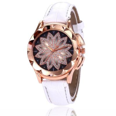 Luxury Rhinestone Inlaid Flower Shaped Women Wrist Watch Leather Strap Quartz Watch