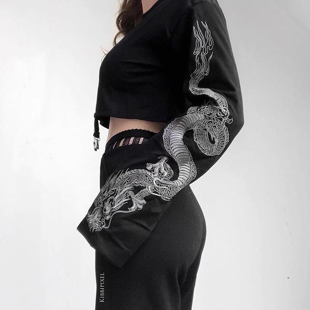 Print Dragon Autumn Crop Sweatshirt Long Sleeve Korean Fashion Pullover Black Casual Gothic Streetwear Sweatshirts