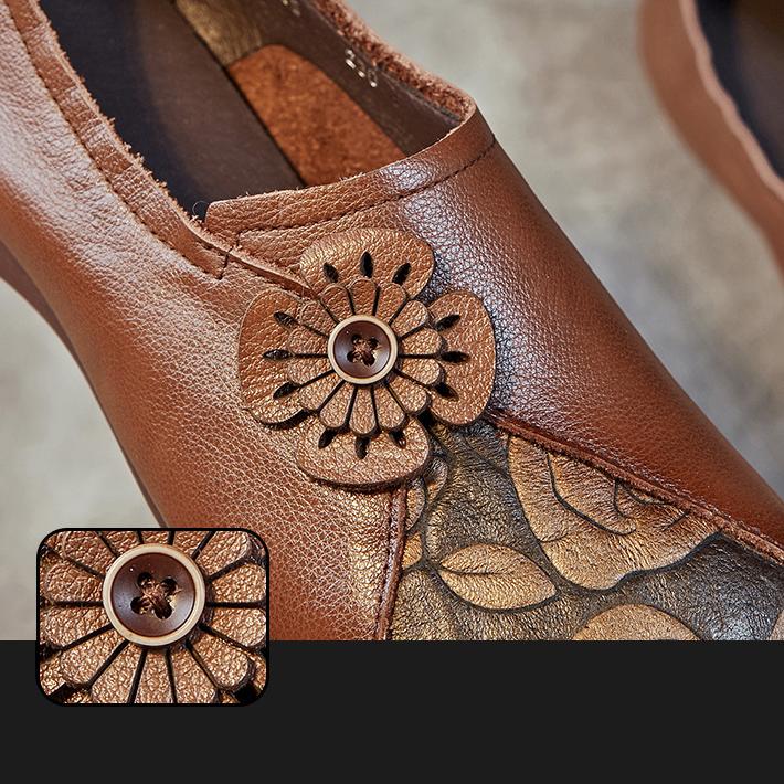 Johnature Damen-Schlupfschuhe aus echtem Leder im ethnischen Stil mit Retro-Druck, handgefertigte flache Schuhe mit weicher Sohle