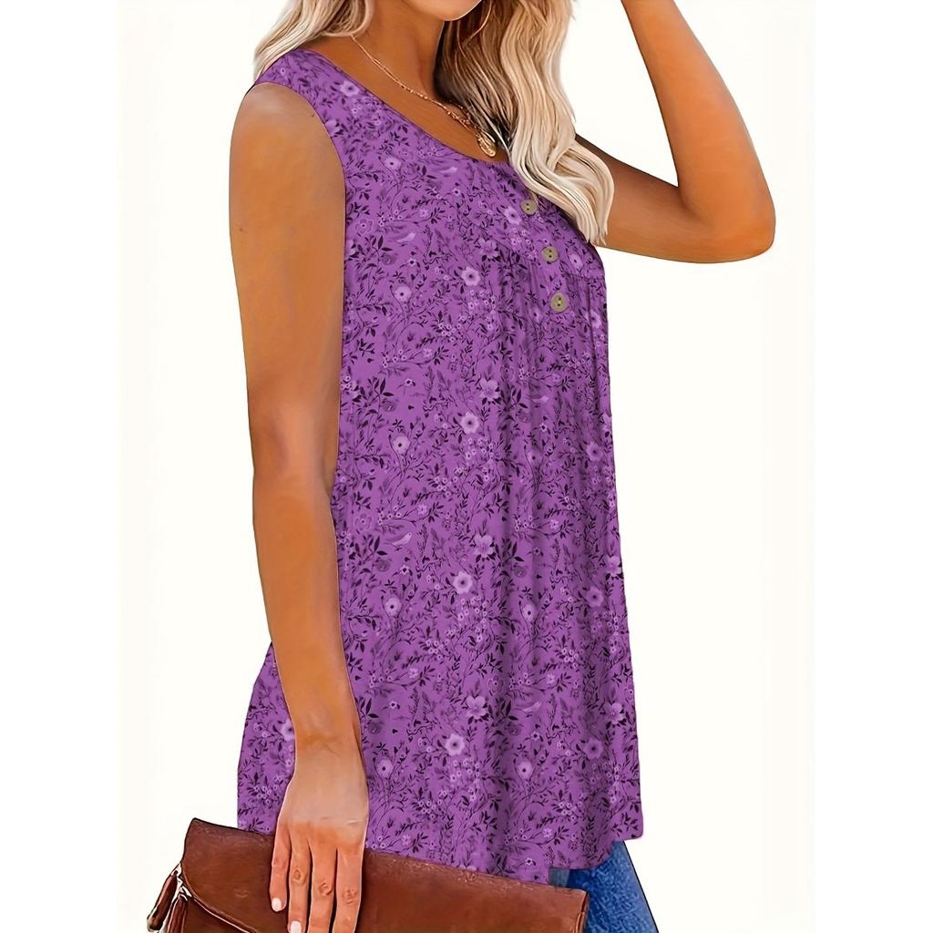 Summer Small Floral Print Round Neck Knit Sleeveless Vest Top Women