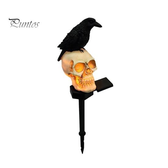 Horror Themed Yard Landscape Ornaments LED Solar Crow Skull Light, Waterproof Halloween Pathway Gothic Decorative Stakes for Flowerbeds on Skeleton