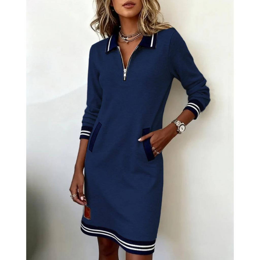 Fall Winter Women's Casual Color Block Dress Zip Collar Long Sleeve Pockets Dress European American Style