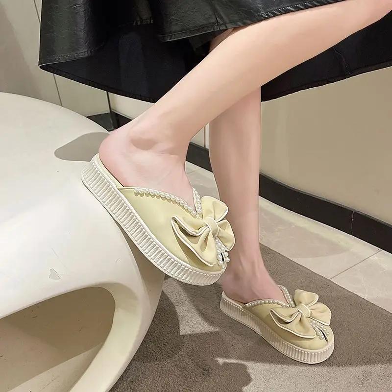 Fashion Round Toe Fish Shoes Mules Home Slides with Bow Indoor House Off White Pearl Outside Cute Women's Slippers and Ladies Sandals W