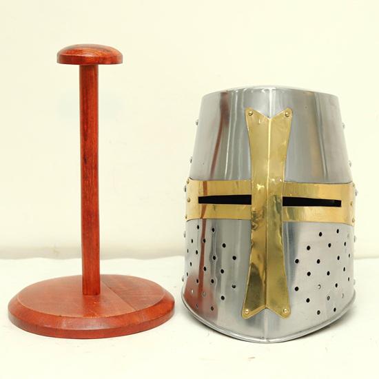 Wearable Crusader Knight Helmet Polished Steel, Brass Cross Includes Display Stand