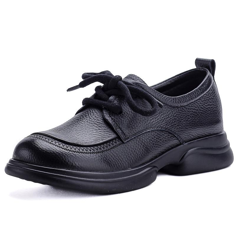 All cowhide retro small leather shoes medium heel platform lace-up wide head leather shoes genuine leather mother single shoes