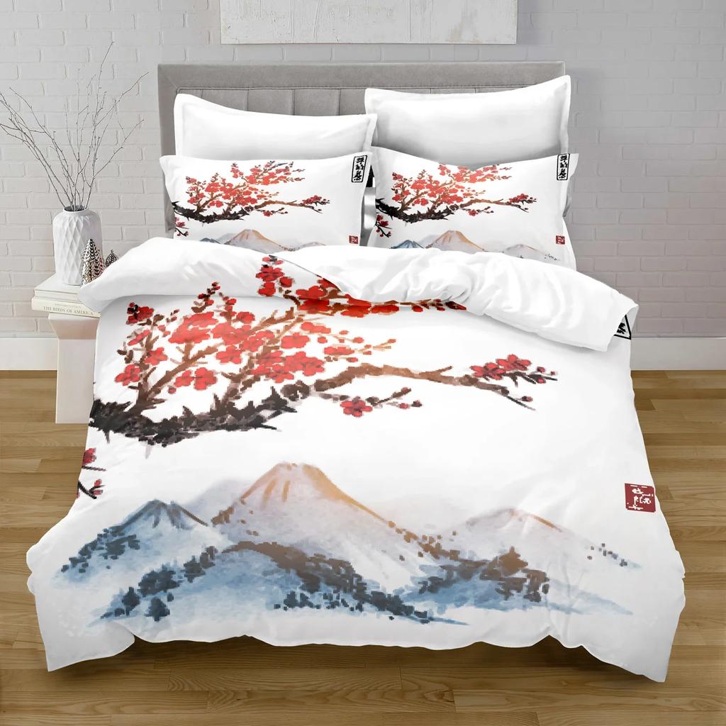 Comforter Ink Painting King Queen Chinese Landscape Painting Bedding Set Adults Idyllic Scenery Mountain Polyester