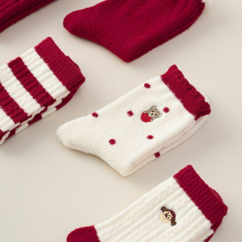 Christmas Tube Socks Bright Red Embroidered Floor Socks Winter Socks Australian Velvet Warm And Thickened