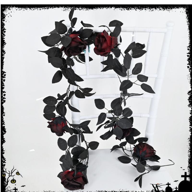 3 Stück Halloween Schwarze Rote Rosen Blätter Ranken Seiden-Künstblumen Hoteldekoration Simulation Rosenranke Kunstblume Blatt