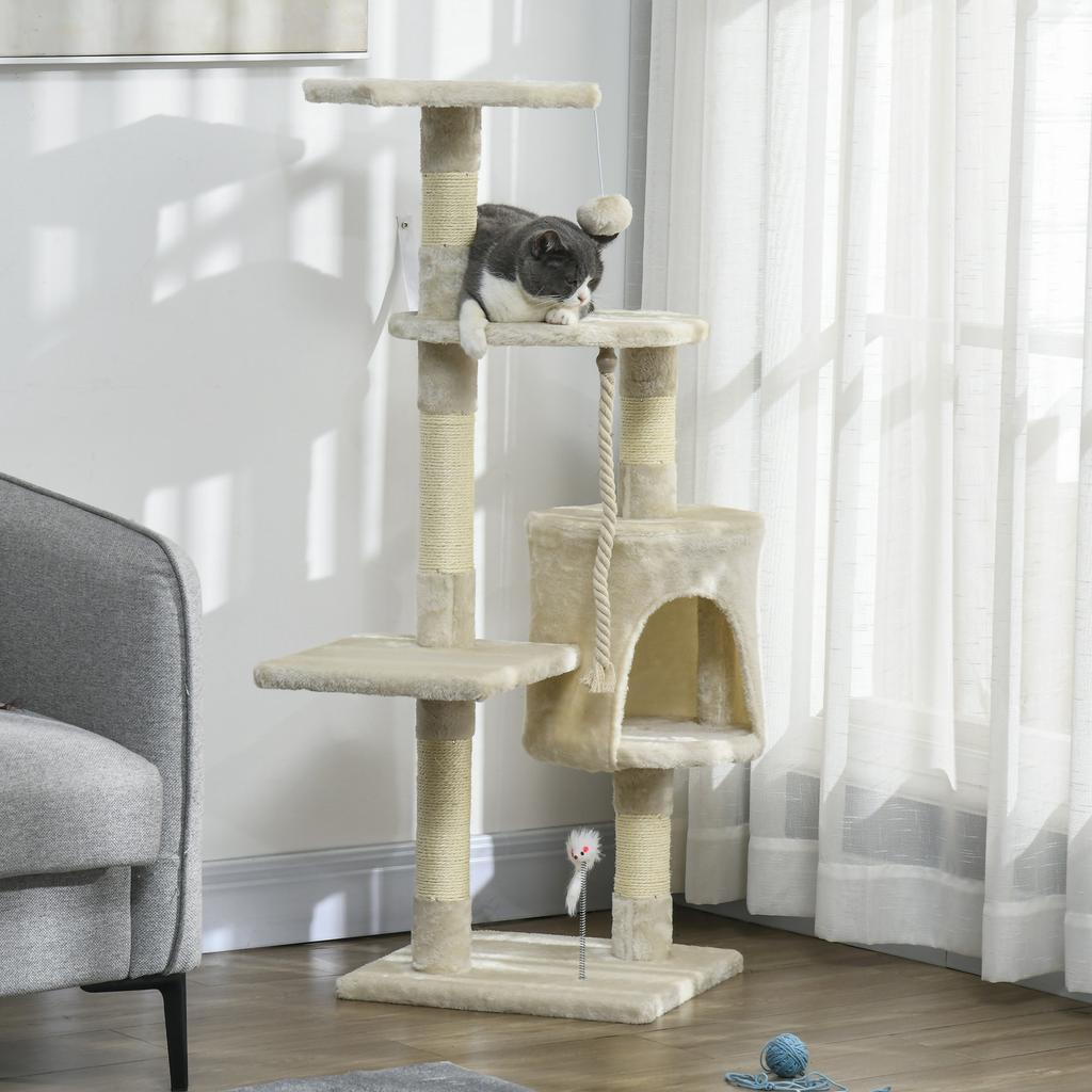 Cat Scratching Post with Box, Ball, Rope for Play and Relaxation, 40x40x116 cm, Beige