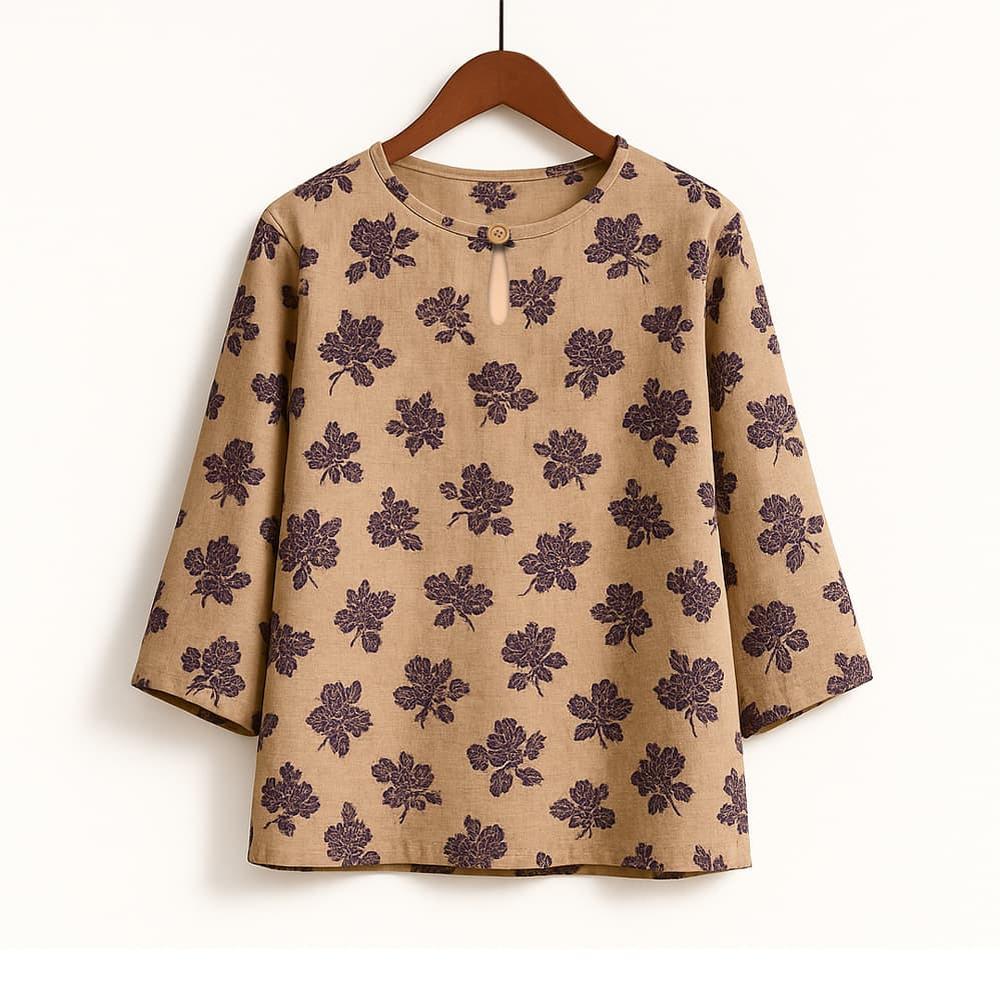 Vintage Casual Blouse, For Women, Elastic Hemp, Floral Print, Round Neck, Three-Quarter Sleeves, Elegant Loose Top