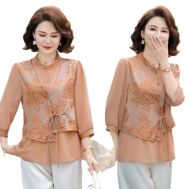 2026 Floral Summer Set for Middle-aged Women: Chinese Style Shirt Blouse