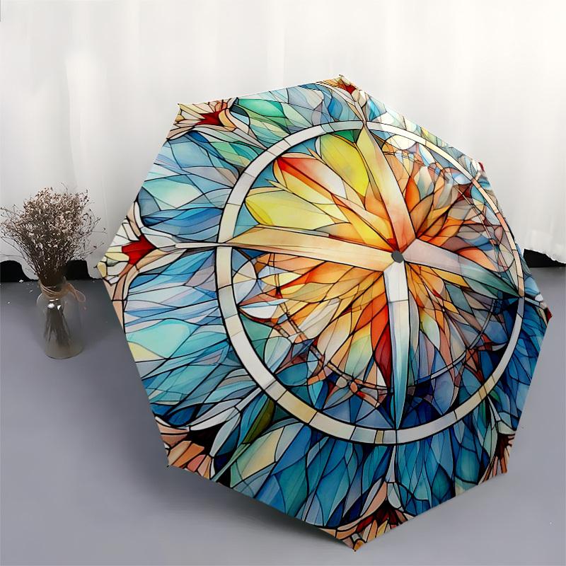 1pc Stained Glass Mandala Design Automatic Opening Folding Umbrella with 8-Bone Iron Frame, Suitable for Fans, Travel, Daily Use, Outdoor, Festive Gif