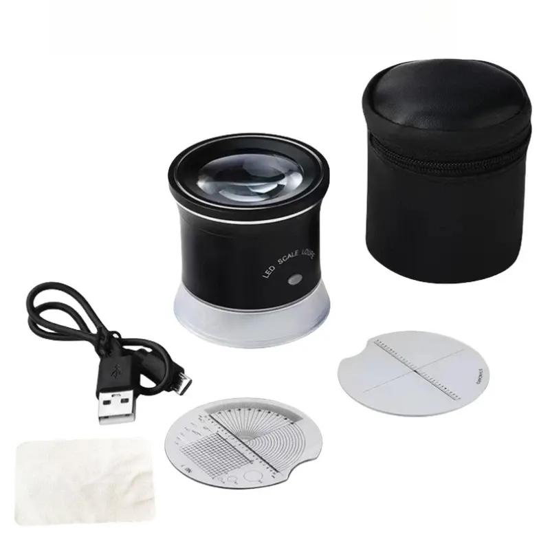 30X Portable Cylinder Rechargeable Magnifier LED UV Light with Angle Scoring Plate Cross Scoring Plate for Jewelry Appreciation