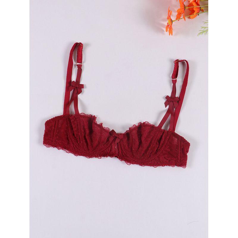 

European and American Sexy Lace Underwear Ultra-Thin No Sponge Breathable Half Cup Pure Desire Red Pretty Girl Bra Women 36B Red