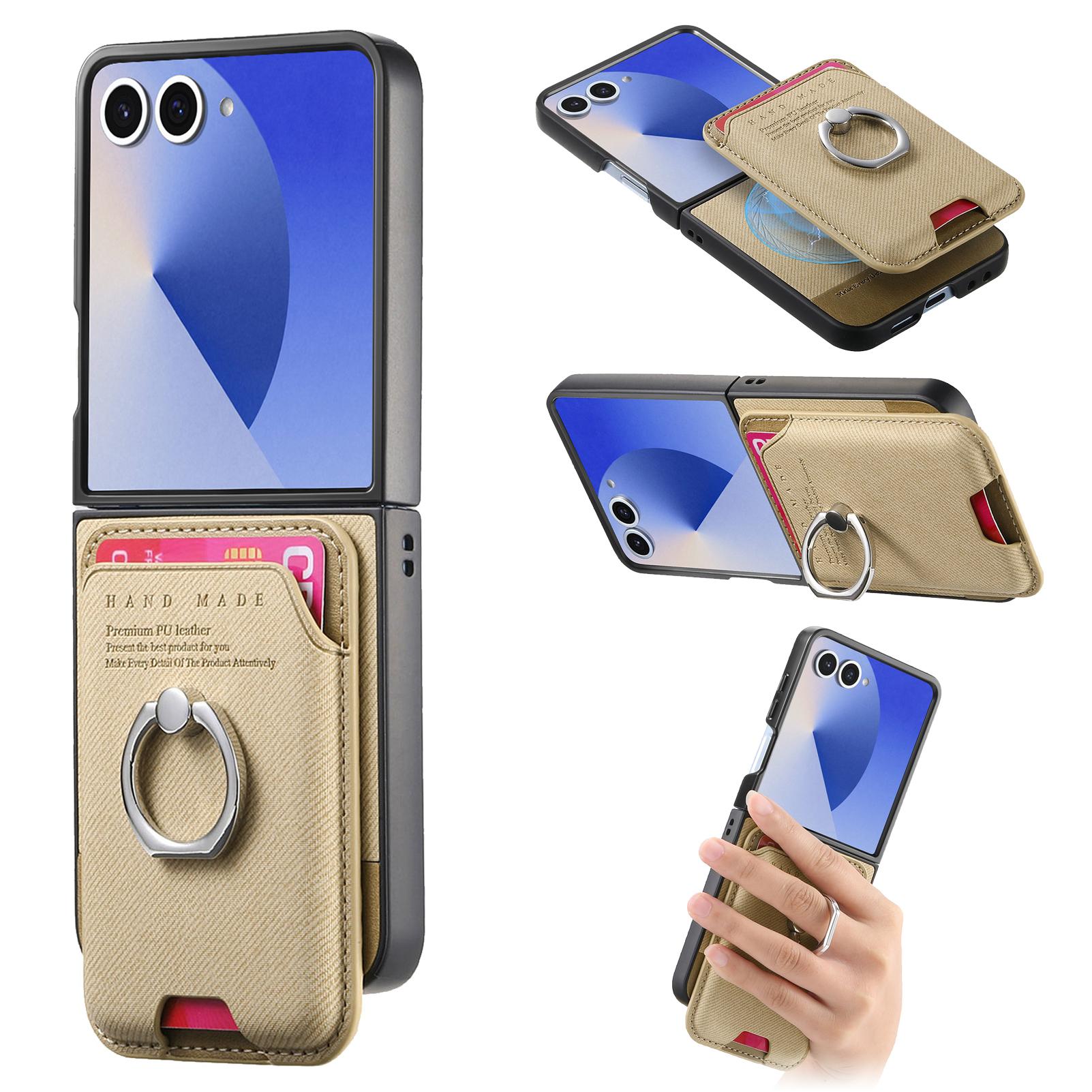 

For Samsung Galaxy Z Flip7 5G Case Compatible with MagSafe Twill Texture Leather Back Cover with Card Bag Khaki