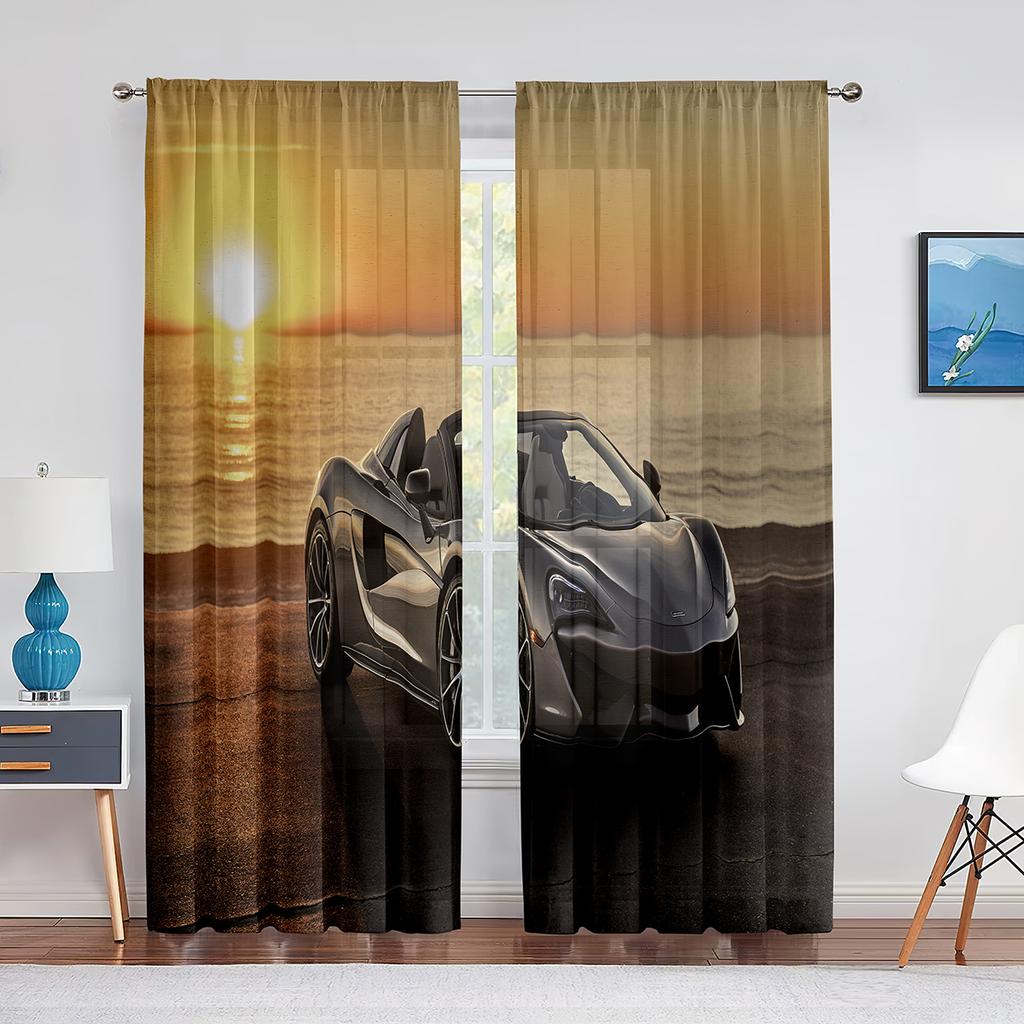 Black Cool Sports Car Movie Print Pattern Modern Boys Drapes Window Curtains for Living Room Bedroom Kitchen 2 Pieces Decor