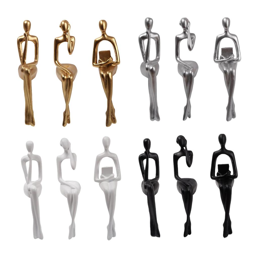 3x Sitting Thinker Statue Sitting Posture Figurine for Table Bookcase Decor