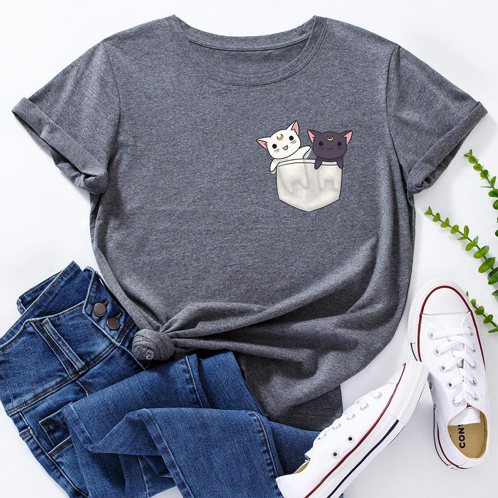 Cute Kitten Print Loose Round Neck Pure Cotton Short Sleeved Women's T-shirts