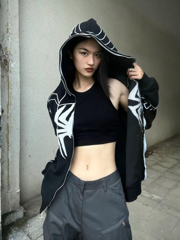 Harajuku Retro Punk Hooded Y2k Printed Hoodies Women's Clothing High Street Gothic Long Sleeve Zip-up Sweatshirts Female