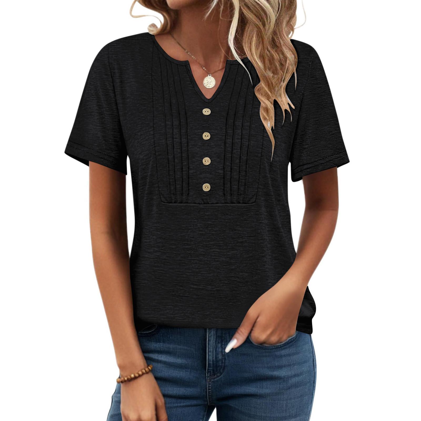 

Женские летние топы, повседневные, с оборками, коротким рукавом, круглым вырезом, свободные, плиссированные футболки L чёрный