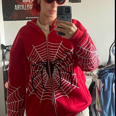 Hip Hop Women Hoodies Gothic Spider Web Print Hooded Zip Up Jacket Coats Grunge Y2k Oversized Streetwear Men's Sweatshirt Tops